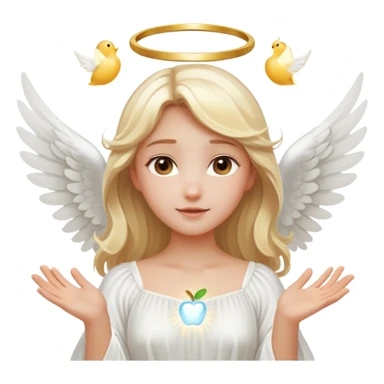 blonde angel girl with glowing white wings, gentle halo above her head, wearing flowing white dress, radiating purity and light, apple emoji style sticker
