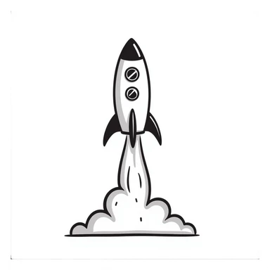 Hand-drawn rocket launching from launchpad with flames and smoke trails sticker