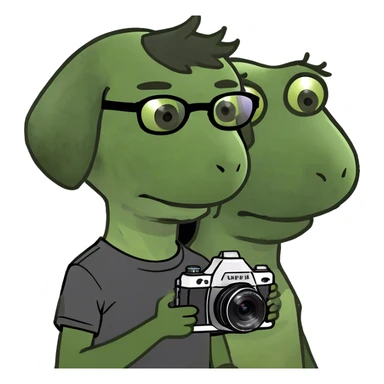 A little boy with straight black medium-length hair, white skin, and black eyes wearing black-framed glasses is taking photos on a UFO with a camera. Beside him, there is an alien and a brown round-headed poodle. sticker