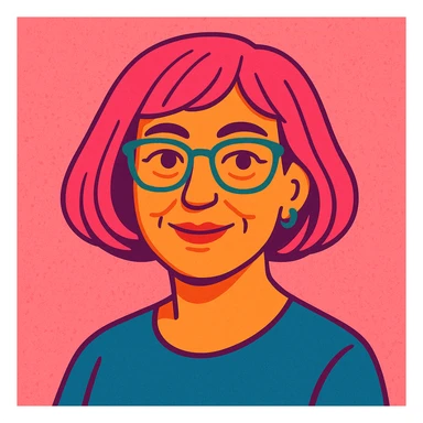 Middle-aged female, pink bob hair, pink salt background, approachable and stylish sticker