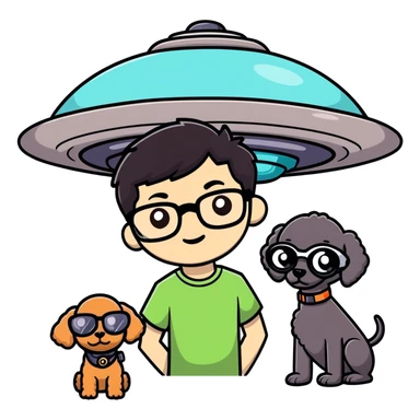 A little boy with straight black medium-length hair, white skin, and black eyes wearing black-framed glasses is taking photos on a UFO with a camera. Beside him, there is an alien and a brown round-headed poodle. sticker