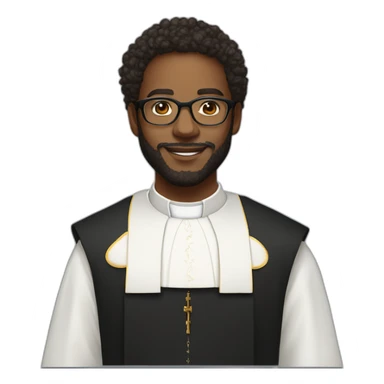 young black catholic priest beard, curly hair, with rounded glasses and clerygman sticker
