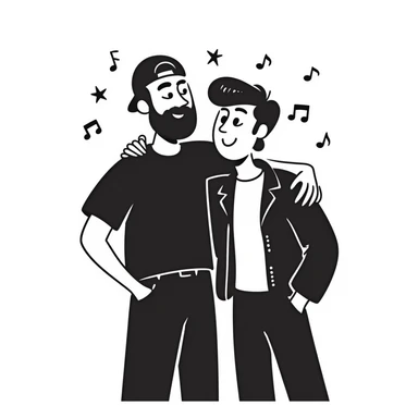 Two male musicians side by side with one arm over the other's shoulder: a 35-year-old with stylized beard, backwards cap, rocker style, and a younger 25-year-old musician, both smiling. Music notes and stars around them. Other band members celebrating in the background. sticker