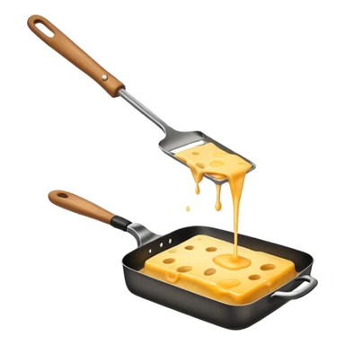Emoji of raclette cheese being scraped with a metal spatula, melted cheese flowing, warm golden colors, modern emoji style, clean outlines, transparent background sticker