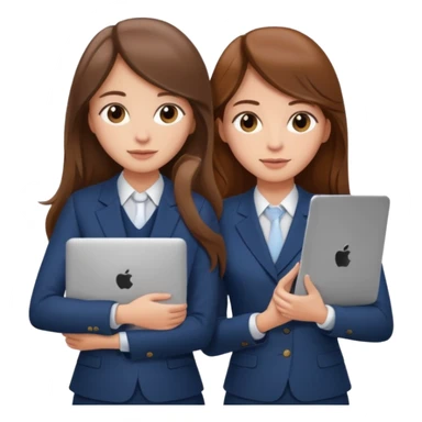 two brown haired girls, looking professional maybe leaned on each others back and looking forward and using phones, with long hair and one girl can hold lap top another one can hold the phone, professional clothes sticker