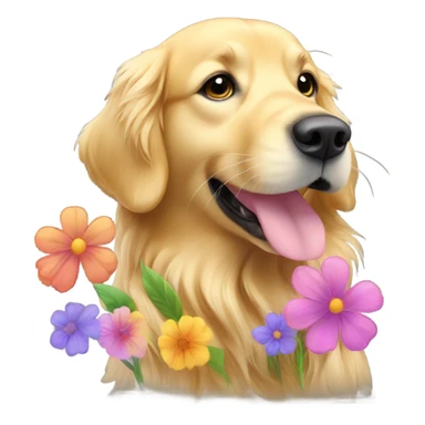 Golden retriever smelling flowers sticker
