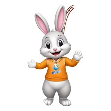 bunny mascot with a roller coaster in the background, inspired by Walibi amusement park sticker