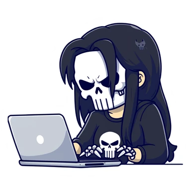 girl Punisher skull with straight long black hair typing on laptop sticker