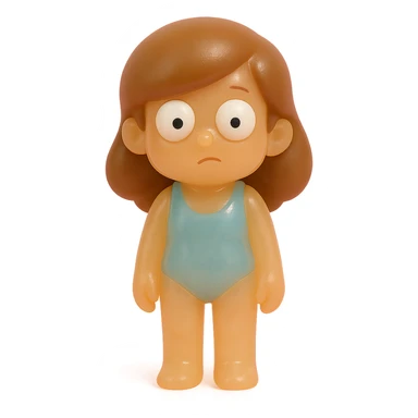 Make the beach girl very transparent and slightly see-through with a natural tan skin tone and brown hair. She should have very derpy, oversized white eyes with small black pupils looking in different directions. She wears a simple blue one-piece swimsuit and stands in a neutral pose. The figure is much smaller in the frame so her entire body is visible with no cropping. The style is retro 90's toy style: soft plastic texture, soft reflections, soft and squishy appearance, some cloudiness, not shiny, highly detailed, and appealing. No suggestive details, no tag, and no background. sticker