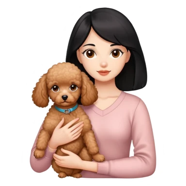 woman with  black straight hair and brown  eyes is holding a apricotpoodle puppy sticker