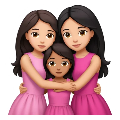 Three sisters hug, light skin with long dark brown hair, tan skin long black hair, tan skin dark brown short hair, pink dresses sticker