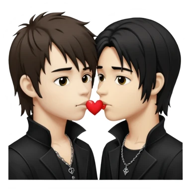 Goth Boys, one goth boy pale with shaggy brown hair the other a goth boy tan with long black hair, kissing sticker