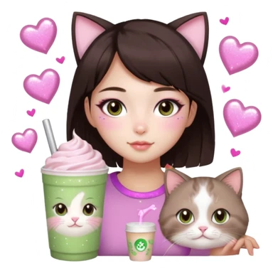 asian girl with short dark brown hair and dark brown eyes with a soft girl pink glowup aesthetic, matcha latte, 2 light brownragdoll cats, and sparkles, makeup, and money sticker