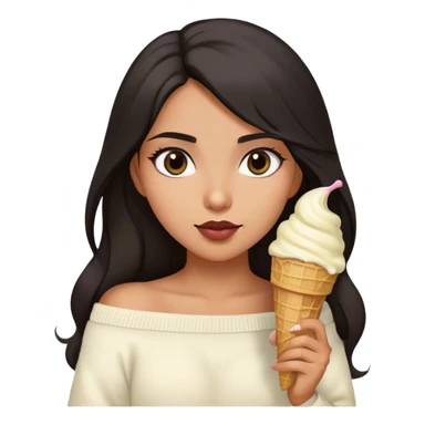 Latina girl with dark long hair and dark eyes and olive skin wearing white off shoulder sweater with ice cream cone  sticker