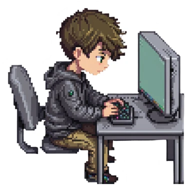 a boy coding on a computer sticker