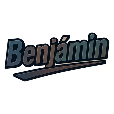 Benjámin name in masculine, modern gradient font with dark contour and thin white edging, dynamic slanted underline, masculine color shades (blue, gray, burgundy, green, brown), 1000x1000 px, PNG, transparent background, in the style of the uploaded Attila sample sticker