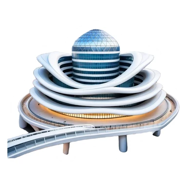Realistic Dongdaemun Design Plaza (DDP) Landmark Emoji, featuring the iconic curving silver structure with futuristic architecture, illuminated pathways, and a sleek modern design set against the Seoul cityscape. sticker