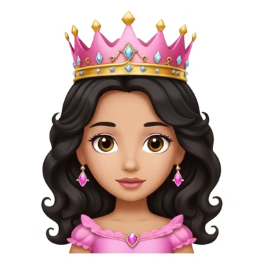 Very tanned princess, with long black wavy hair and a crown, a pink princess Outfit sticker