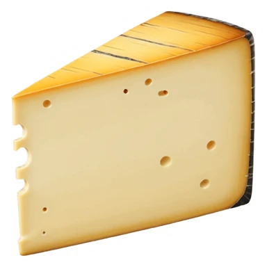 wedge of Morbier cheese, pale yellow semi-soft inside, thin dark horizontal line of vegetable ash across center, smooth elastic slightly glossy surface, natural beige rind, soft lighting, subtle shadows, emoji scale sticker