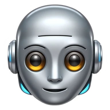A cute futuristic robot emoji made of silver chrome, rounded friendly body, minimal facial features, glossy metallic surface, soft reflections, iOS emoji style, centered, clean white background sticker
