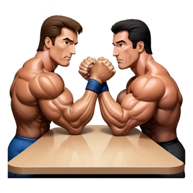 Arnold Schwarzenegger and Sylvester Stallone from 'Over the Top,' locked in an arm wrestling battle, using only their right hands. Their left hands rest on the table. Both display immense strength, with muscular arms flexing, under bright competition lights. Transparent background. sticker