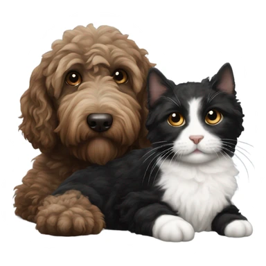 Australian labradoodle dark brown cuddling with tuxedo cat sticker