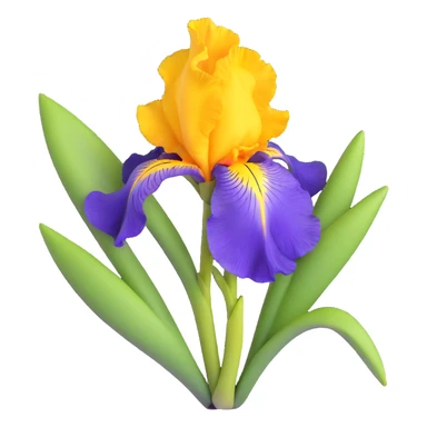 Detailed iris flower with rich purple color, classic iris structure with three hanging falls and three upright standards, green stem and leaves sticker