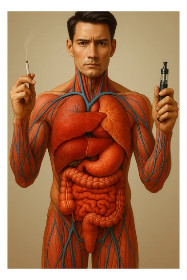 Create an identical copy in vertical 9:16 format: hyperrealistic medical illustration 4K, realistic human anatomical body, inflamed liver and intestines highlighted, man holding a lit cigarette in the right hand and an electronic cigarette in the left, style identical to the reference image. sticker