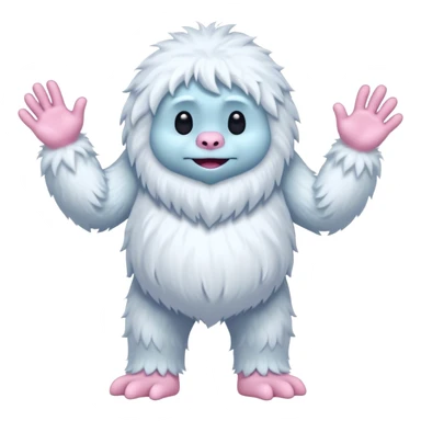 A fluffy, white creature resembling a yeti stands upright, featuring a round body and long, shaggy arms. Its face is smooth with a simple, flat mouth and without eyes. The hands and feet are pink with claw-like digits, and the creature has a whimsical, cartoonish appearance sticker