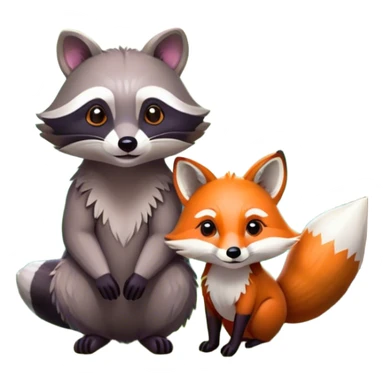 Collage of a raccoon and a fox, in close-up, surrounded by a colorful forest with rich green trees, thick bushes, and vibrant foliage. Sunlight peeks through the branches, casting warm light on the animals. A lively, natural setting with a transparent background. sticker