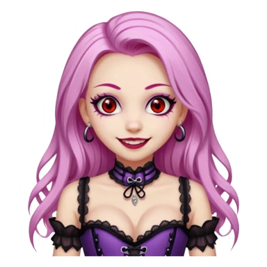 pretty scary girl, long straight LIGHT pink HAIR,SCARY RED eyes, black eyeliner, pale skin, purple corset clothes with laces, AND WITH A GRIN SMILE  sticker