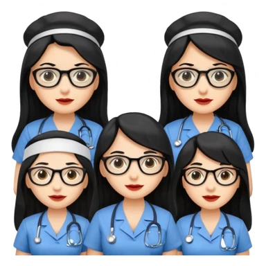 Genera emogis de 4 cuatro enfermeras de cabello negro largo, entre ellas que una tenga lentes y otra un lunar encima de los labios sticker