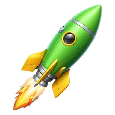 A single rocket, colored in yellow and neon green, glossy and smooth, cartoonish, vibrant colors, high detail, simple and cute design, isolated on white background, centered composition sticker