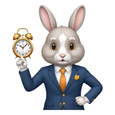 A rabbitwearing a suitand holding a clockand pointing at the clock sticker