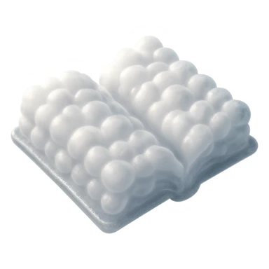 top view of a thick open book made entirely of small, very bright white fluffy convex clouds, matte glass style, emphasis on volume and airiness, no background sticker
