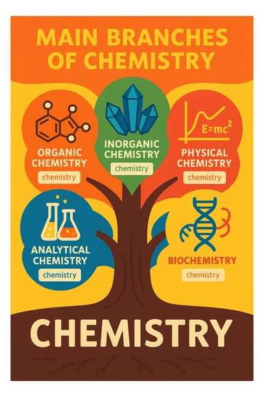 A creative and unique poster about the main branches of chemistry. The poster should have a central theme that ties all the branches together, such as a tree metaphor where the trunk represents chemistry and the branches represent the different fields: Organic Chemistry, Inorganic Chemistry, Physical Chemistry, Analytical Chemistry, and Biochemistry. Include icons and illustrations for each branch, such as molecular structures for Organic Chemistry, crystals or minerals for Inorganic Chemistry, graphs or equations for Physical Chemistry, laboratory equipment for Analytical Chemistry, and DNA strands or biological molecules for Biochemistry. Use a vibrant and cohesive color scheme with different colors for each branch. The layout should be clean and organized with clear headings and concise descriptions. sticker