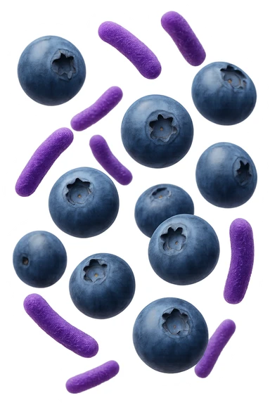 mirtilli fluttuano in aria insieme a 6 batteri intestinali viola, iperrealistico 4k sticker