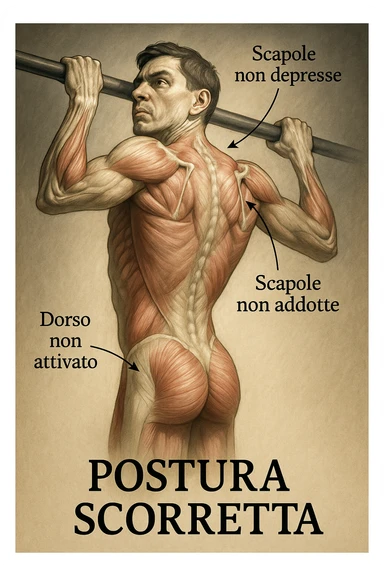 Illustrazione anatomica realistica di un uomo che esegue trazione alla sbarra senza attivare bene le scapole e il dorso, con focus su errori posturali e muscolari. Atmosfera clinica, luci drammatiche, didascalie in italiano, formato 2:3. sticker