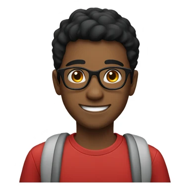 Smiling boy with glasses short black hair and red shirt sticker