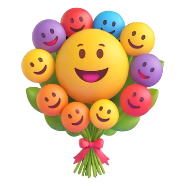 3D smiley emoji, round shape, in love: heart bouquet, smiling face, no body sticker