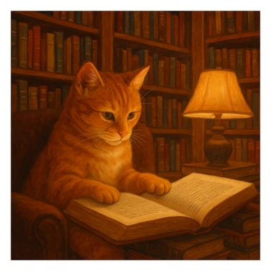 Put the red cat reading a book in a cozy library setting, with bookshelves and warm lighting sticker