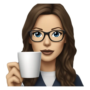Hyper Realistic Kate Beckinsale dark blue eyes wearing glasses drinking coffee at a laptop  sticker