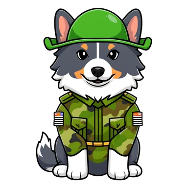 black-tri Mini American Shepherd in a camo green soldier uniform and green helmet sticker