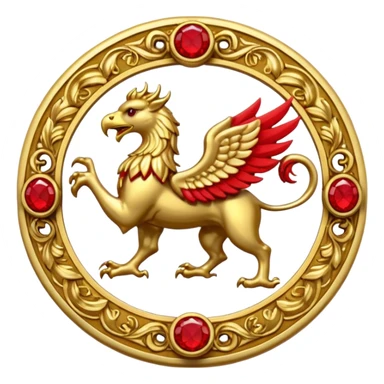 Golden griffin crest / brosch in a circle with red gems and no background sticker