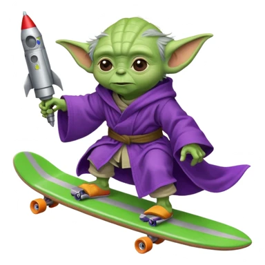 yoda in a purple robe using a rocket like a skate sticker