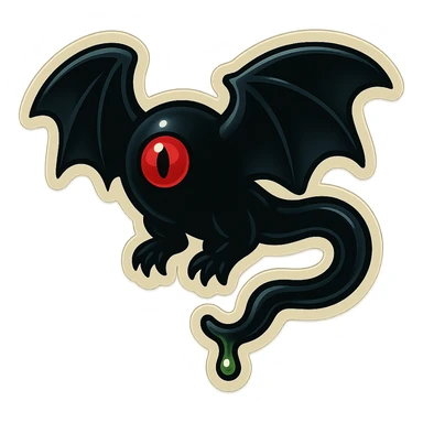 an all black reptilian bat-like creature. One cyclopian red eye in its face. no visible mouth or ears. 2 hind legs with claws. has a long tale with a stinger that drips green poison sticker