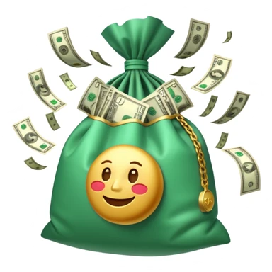 

3D emoji style, big bag of money, flying dollar bills, rich casino vibe, smooth lighting, high detail, clean edges, transparent background



 sticker