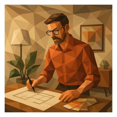 polygonal style interior designer in a geometric, low-poly room sticker
