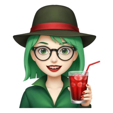 vampire green hair Drink holders with hat, wearing glasses, female,,teeth looks like vampire sticker