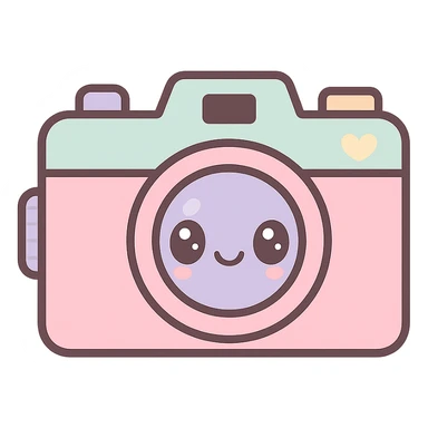 cute film camera, kawaii style, big eyes, pastel colors sticker